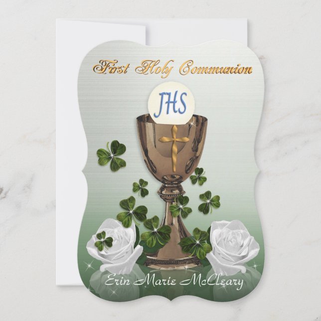 Irish First Communion invitation with shamrocks (Front)