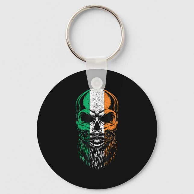 Irish Flag Bearded Skull Head Saint Patrick's Day  Key Ring (Front)