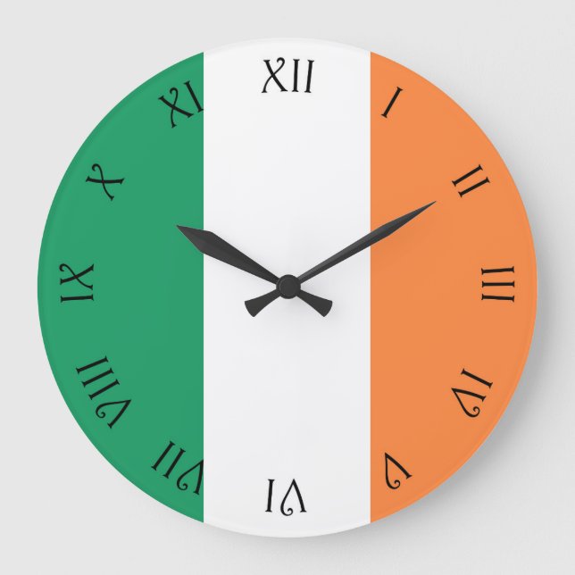 Irish Flag Black Script Roman Numbers wccnt Large Clock (Front)