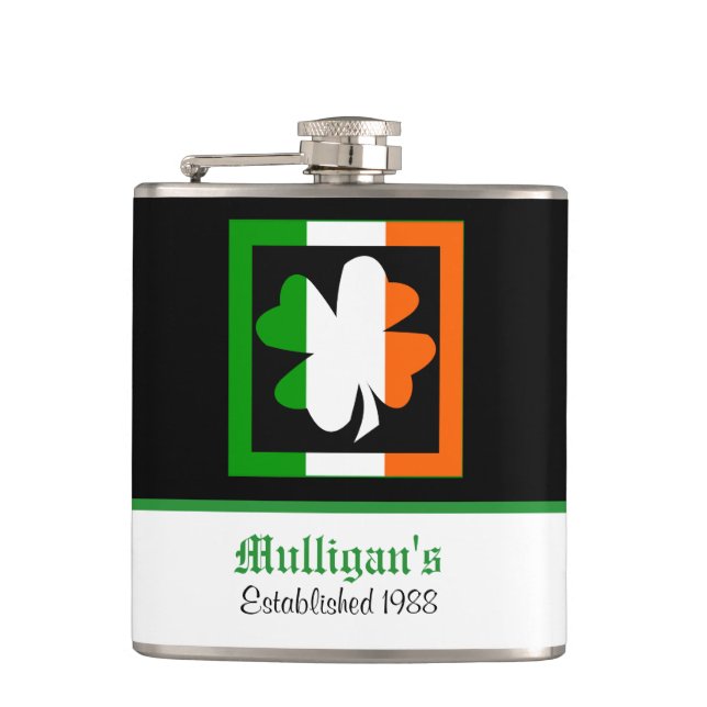 Irish Flag Border Shamrock Personalised Hip Flask (Front)