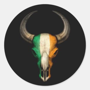 Irish Flag Bull Skull on Black Classic Round Sticker