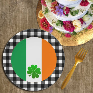 Irish Flag Plate, Shamrock, buffalo plaid, Ireland Paper Plate