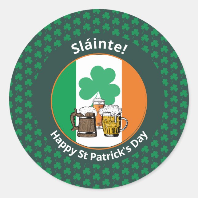 Irish Flag Shamrock Beers St Patricks Day Classic Round Sticker (Front)