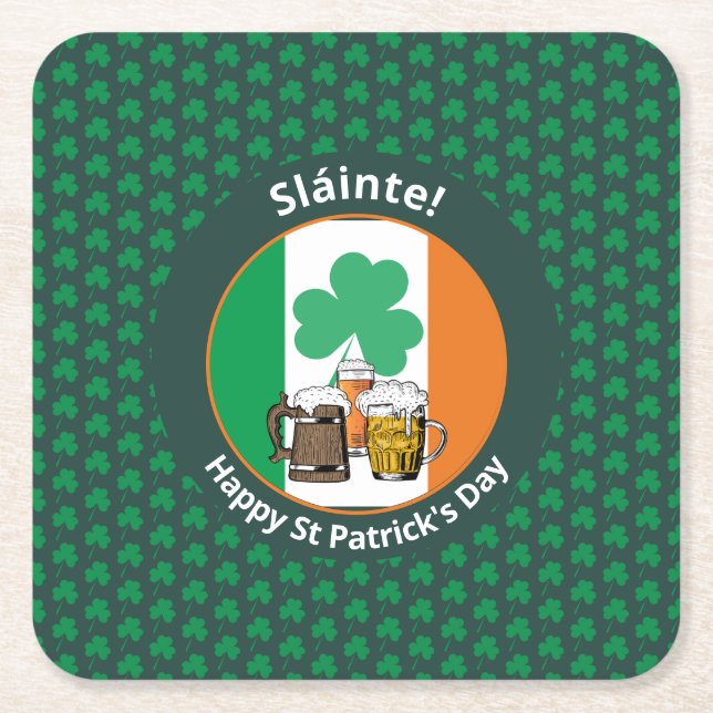 Irish Flag Shamrock Beers St Patricks Day Square Paper Coaster (Front)