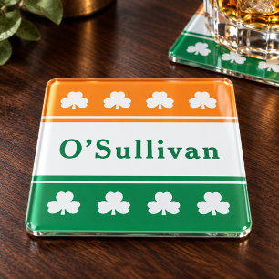 Irish Flag Shamrock Monogram Family Name Glass Coaster