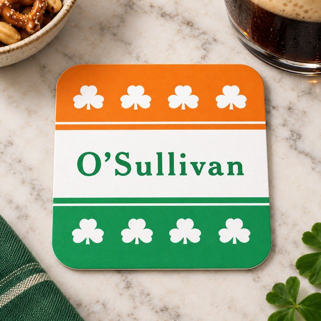 Irish Flag Shamrock Monogram Last Name Square Paper Coaster (Creator Uploaded)