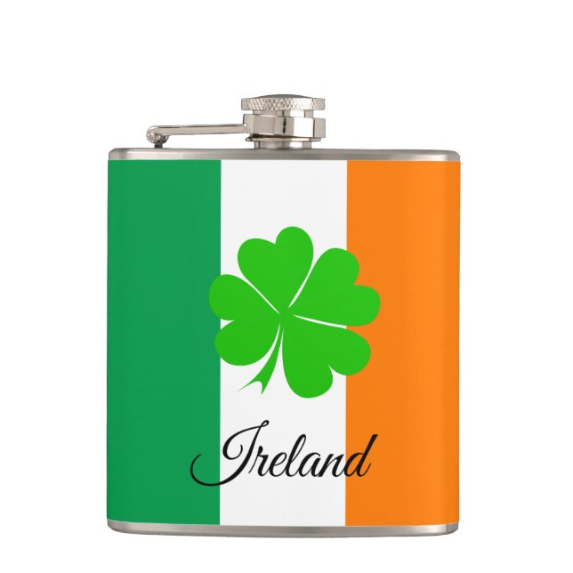 Irish Flag & Shamrock, travel Ireland /sports fans Hip Flask (Front)