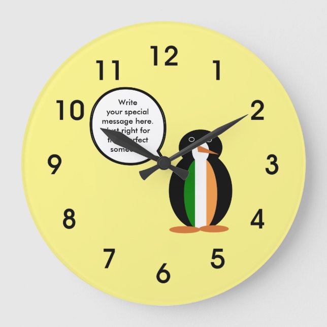 Irish Flag Talking Ms. Penguin Personalised Large Clock (Front)