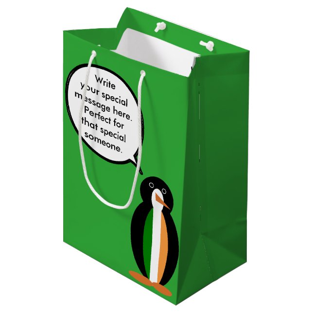 Irish Flag Talking Ms. Penguin Personalised Medium Gift Bag (Front Angled)