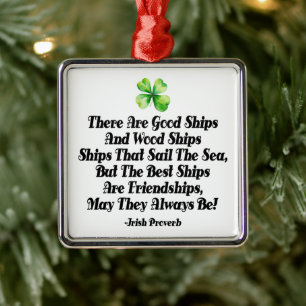 Irish Friendship Ships Proverb Four Leaf Clover Metal Ornament