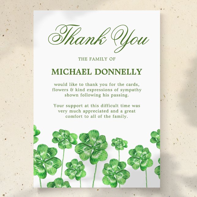 Irish Funeral Shamrock Clover Thank You Card (Creator Uploaded)