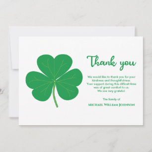 Irish Funeral White And Green Shamrock Clover Thank You Card