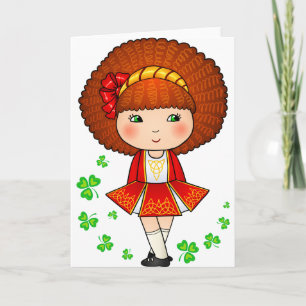 Irish girl in red dress with shamrocks card