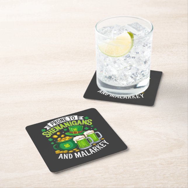 Irish Gnome St Patricks Prone to Shenanigans  Square Paper Coaster (Insitu)