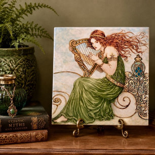 Irish Goddess Playing Harp – Celtic Art Nouveau Ceramic Tile