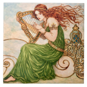 Irish Goddess Playing Harp – Celtic Art Nouveau  Ceramic Tile