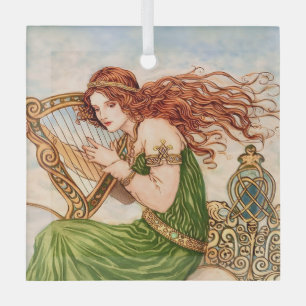 Irish Goddess Playing Harp – Celtic Art Nouveau  Glass Tree Decoration
