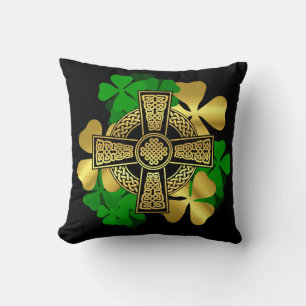 Irish/Gold Celtic cross/shamrock green clover Cushion