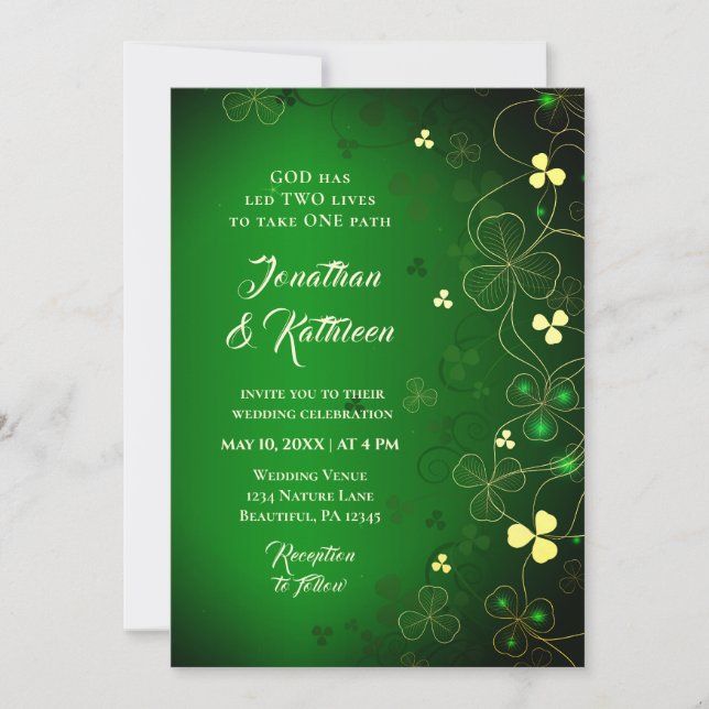 Irish Golden Leaf Clover Design Wedding Blessing Invitation (Front)
