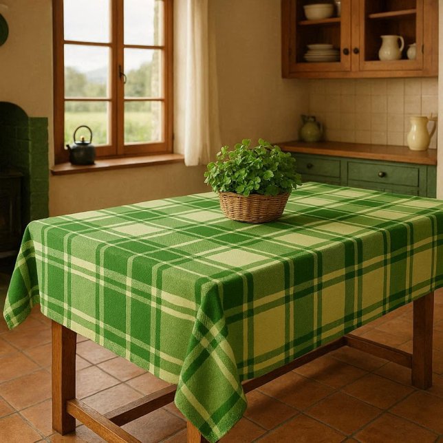 Irish Green and White Plaid  Tablecloth (An Irish-inspired kitchen featuring a green plaid tablecloth and a basket of shamrocks)