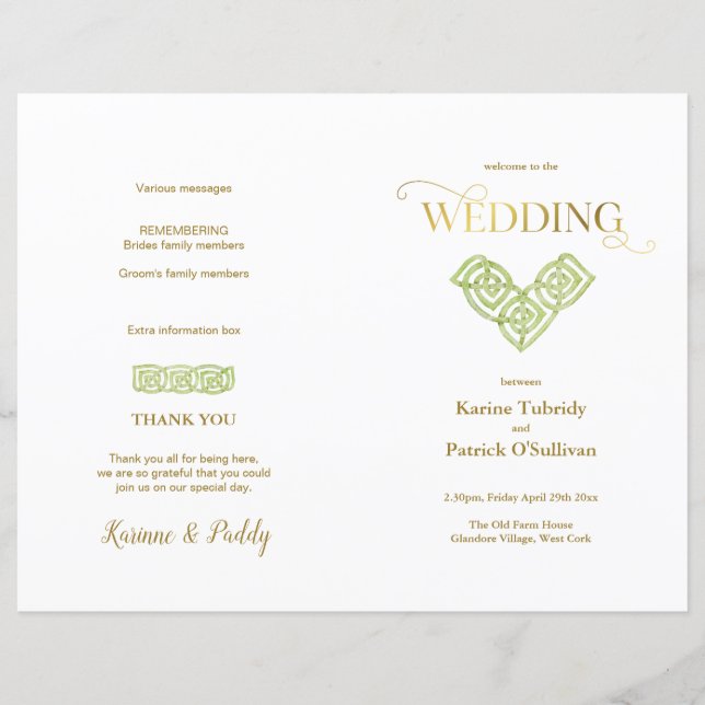 Irish green Celtic Knot & gold wedding program (Front)