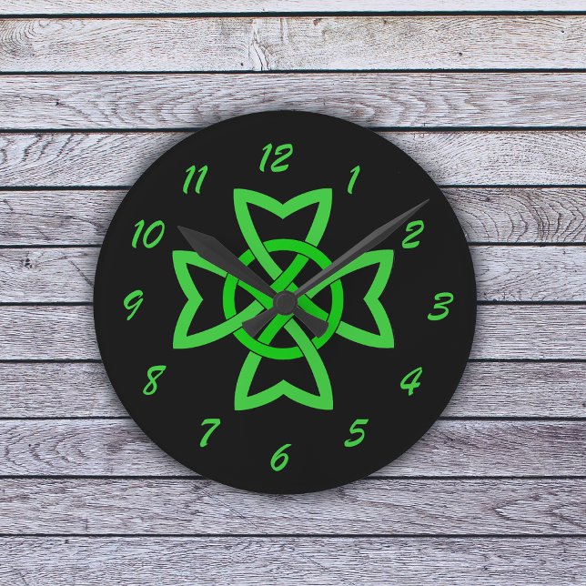 Irish Green Celtic Knot Round Clock (Bright green Irish Celtic Knot on black on wall clock.)