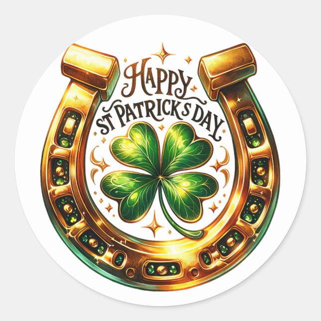 Irish Green Clover Horseshoe Illustration Classic Round Sticker (Front)