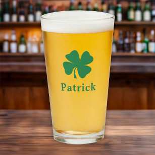 Irish Green Clover Personalised Monogram Name Beer Glass