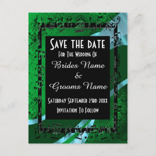 Irish green damask and black save the date announcement postcard