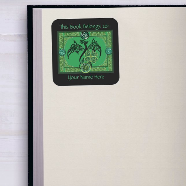 Irish Green Dragon Celtic Bookplate  Square Sticker (Creator Uploaded)