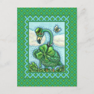IRISH GREEN FLAMINGO, CUTE HAPPY ST. PATRICK'S DAY HOLIDAY POSTCARD