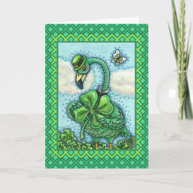 IRISH GREEN FLAMINGO, HAPPY ST. PATRICK'S DAY CUTE HOLIDAY CARD (Front)