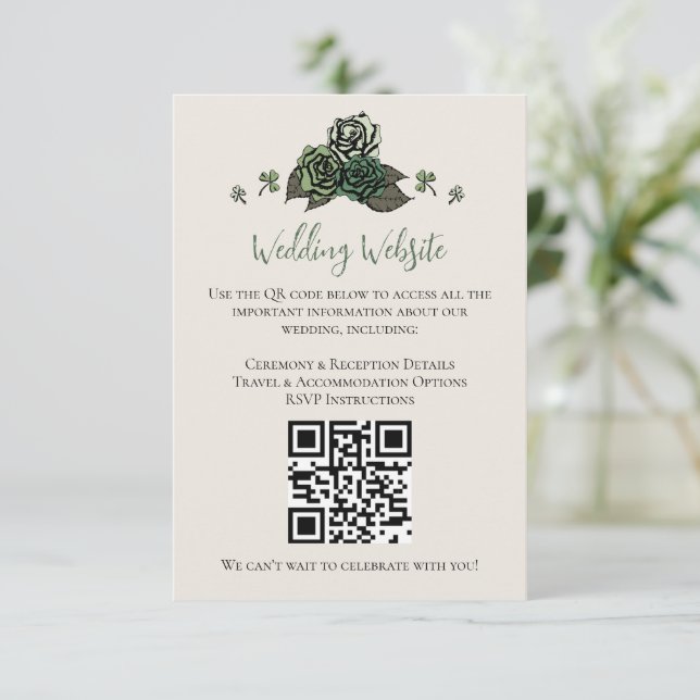 Irish Green Floral Skulls Wedding Website QR Code Enclosure Card (Standing Front)