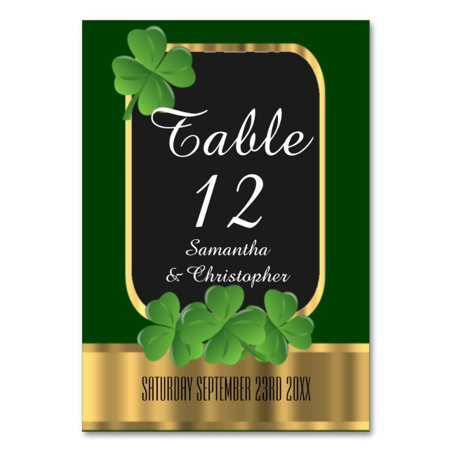 Irish green, gold and shamrock wedding table number (Front)