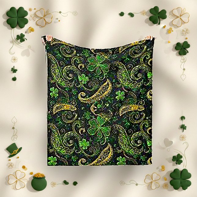 Irish Green Gold Paisley Shamrock Pattern Fleece Blanket (Creator Uploaded)