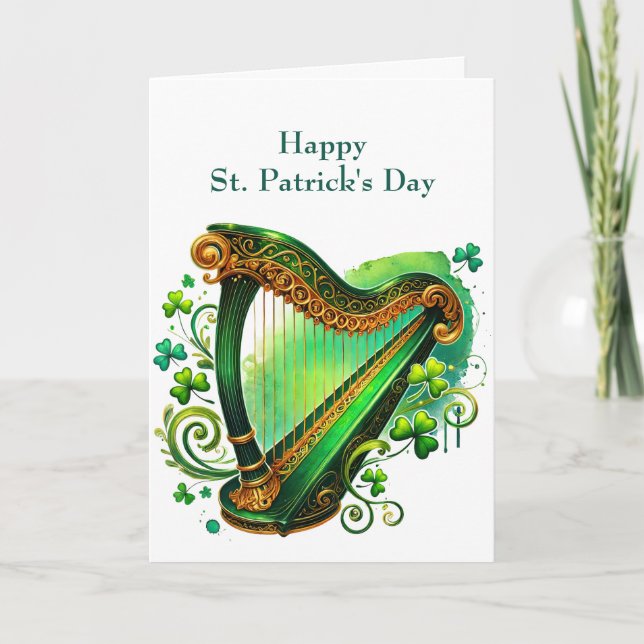 Irish Green Harp Shamrocks Illustration Holiday Card (Front)
