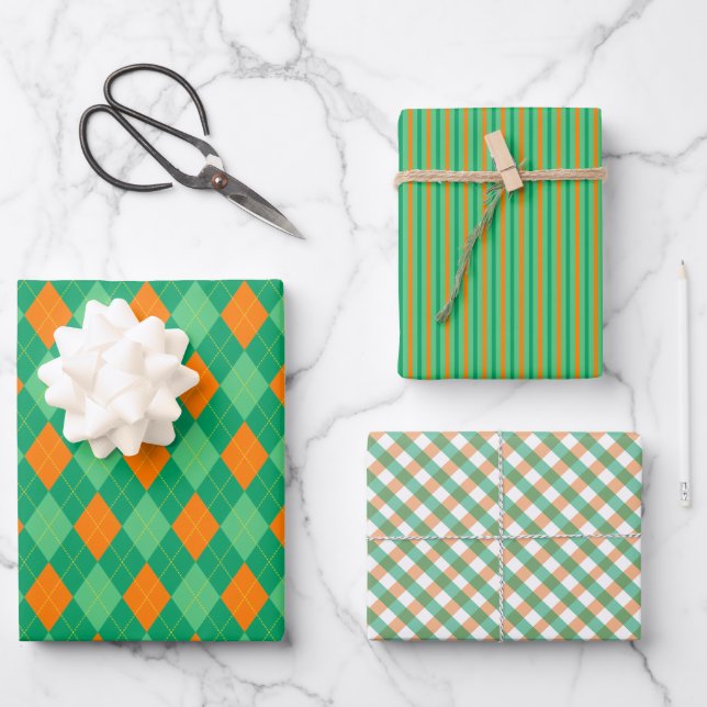 Irish Green & Orange St. Patrick's Day Patterns Wrapping Paper Sheet (Front)