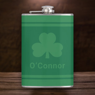 Irish Green Shamrock Custom Last Name Hip Flask