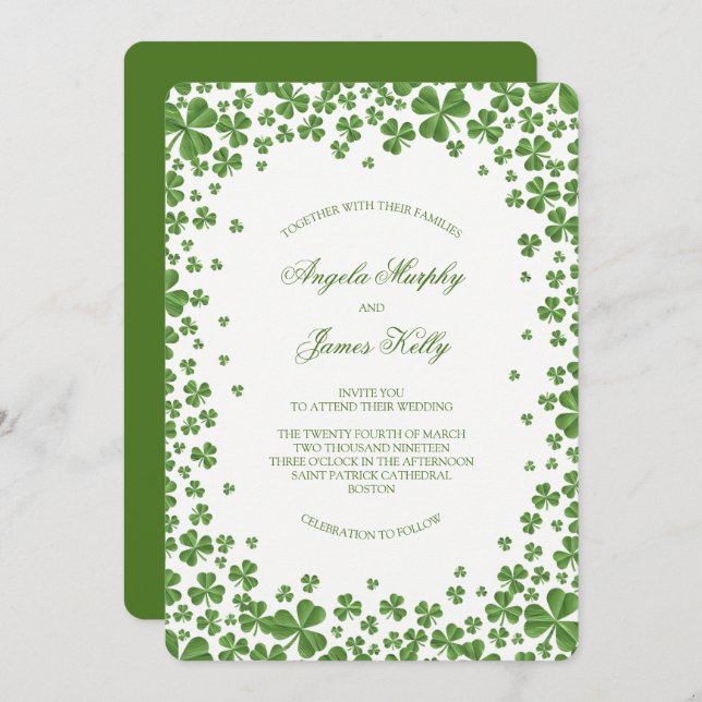 Irish Green Shamrock Wedding Invitation (Front/Back)