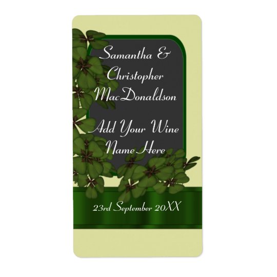 Irish green shamrock wedding wine bottle shipping label