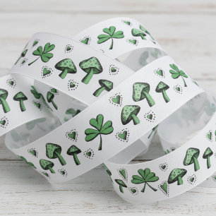 Irish Green Shamrocks Hearts and Mushrooms 3" Grosgrain Ribbon