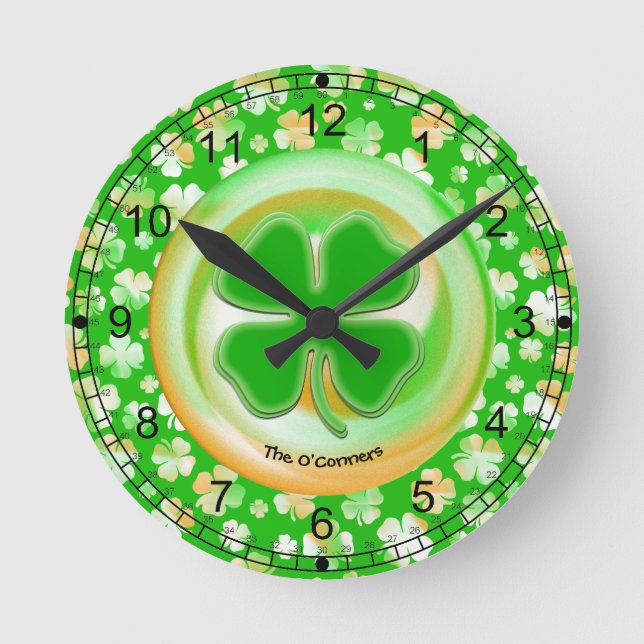 Irish Green/White/Orange Shamrock Pattern Round Clock (Front)