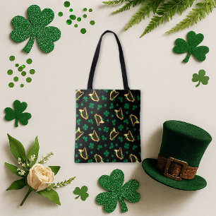 Irish Harp and Shamrock Pattern Black Tote Bag
