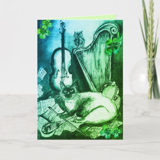 Irish Harp and St.Patrick's Day Cat Making Music Card (Front)