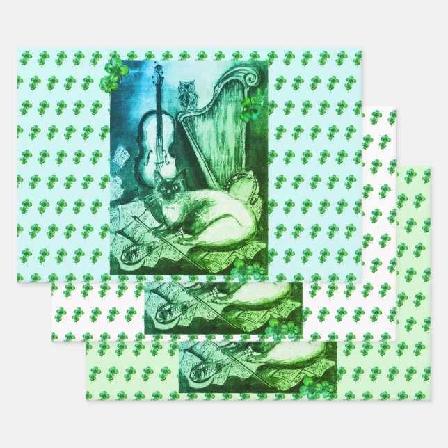 Irish Harp and St.Patrick's Day Cat Making Music Wrapping Paper Sheet (Set)