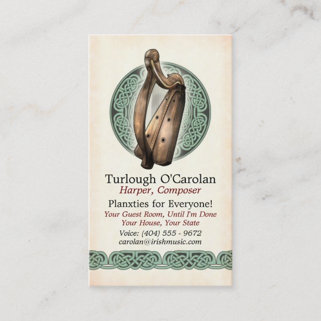 Irish Harp Business Cards, Style 1, Vertical Business Card (Front)