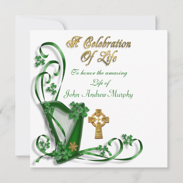 Irish Harp "Celebration of Life" Invitation (Front)