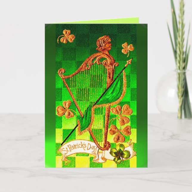 IRISH HARP, GREEN GOLD SHAMROCKS St Patrick's Day Card (Front)