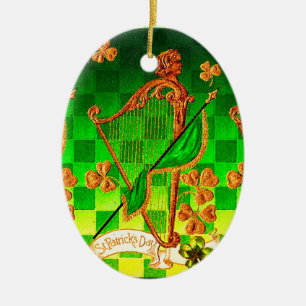 IRISH HARP, GREEN GOLD SHAMROCKS St Patrick's Day Ceramic Tree Decoration