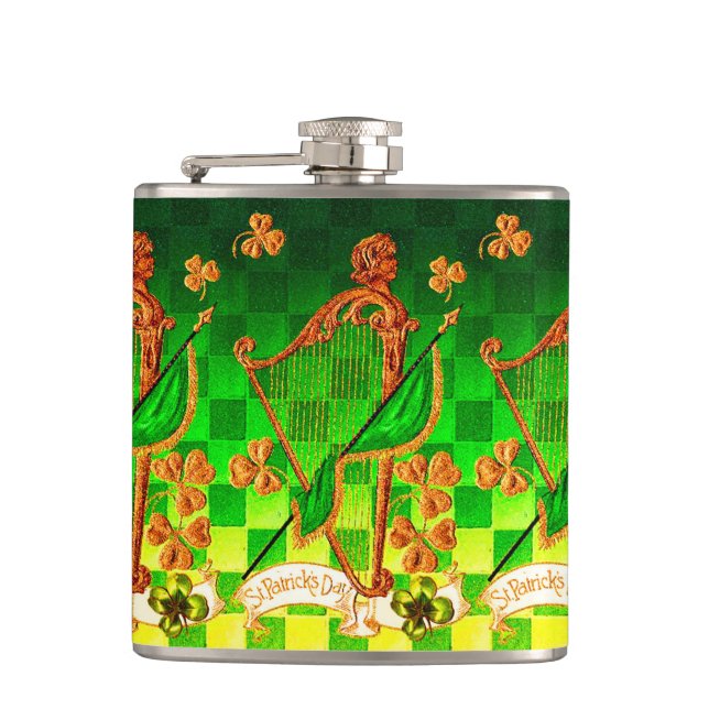 IRISH HARP, GREEN GOLD SHAMROCKS St Patrick's Day Hip Flask (Front)